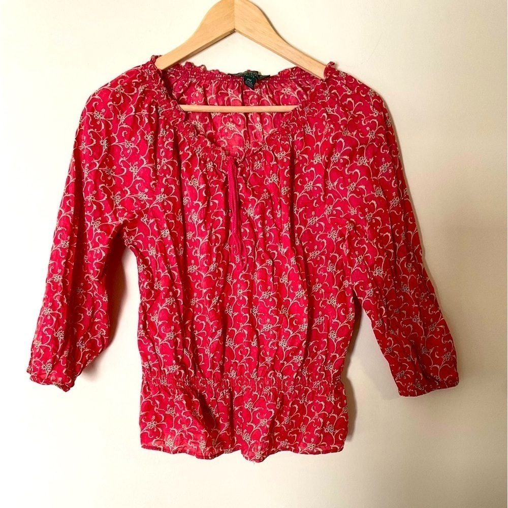 LRL Red Floral Peasant Blouse , Size Petite Medium​​​​​​​​